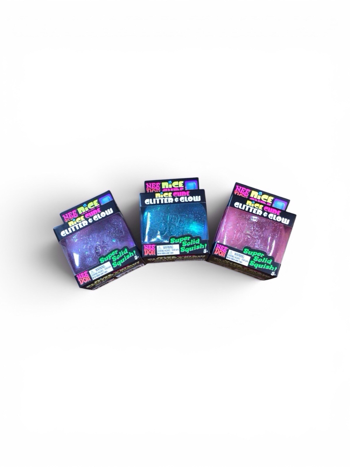 NeeDoh Nice Cube Glitter & Glow Set Of 3 Squishy Toy Nee Doh (Blue Pink Purple)