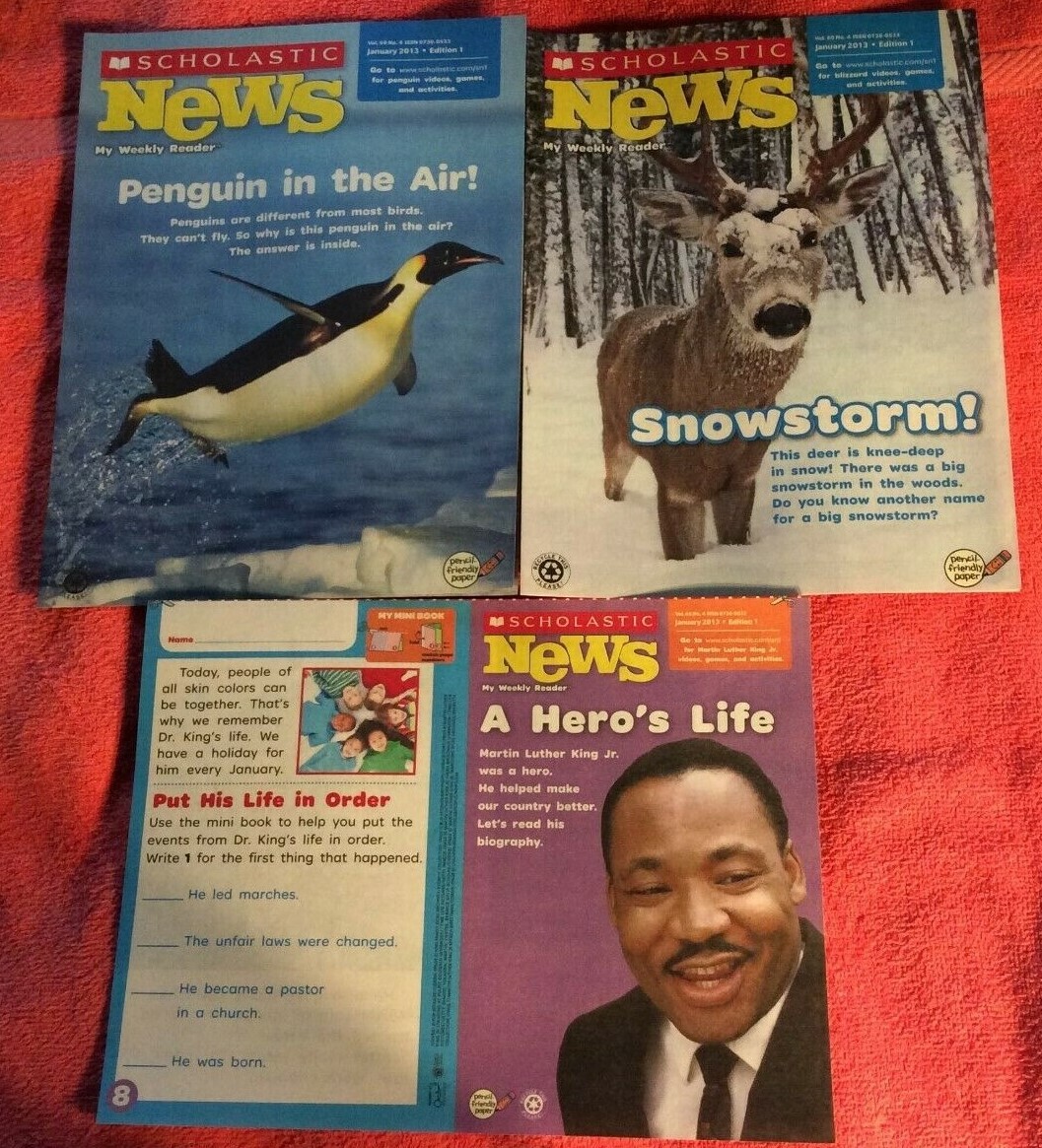 LOT OF 3 SCHOLASTIC NEWS WEEKLY READER JANUARY 2013 GRADE 1 PENGUIN MLK JR DEER