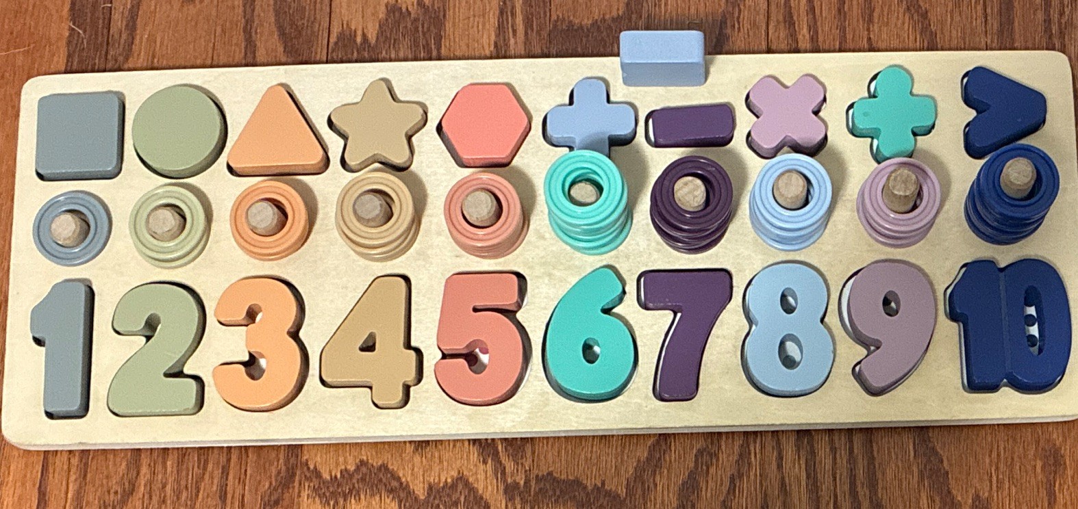 Wooden Montessori Counting Board 1-10 Numbers Shapes Stacking Rings Math Toy