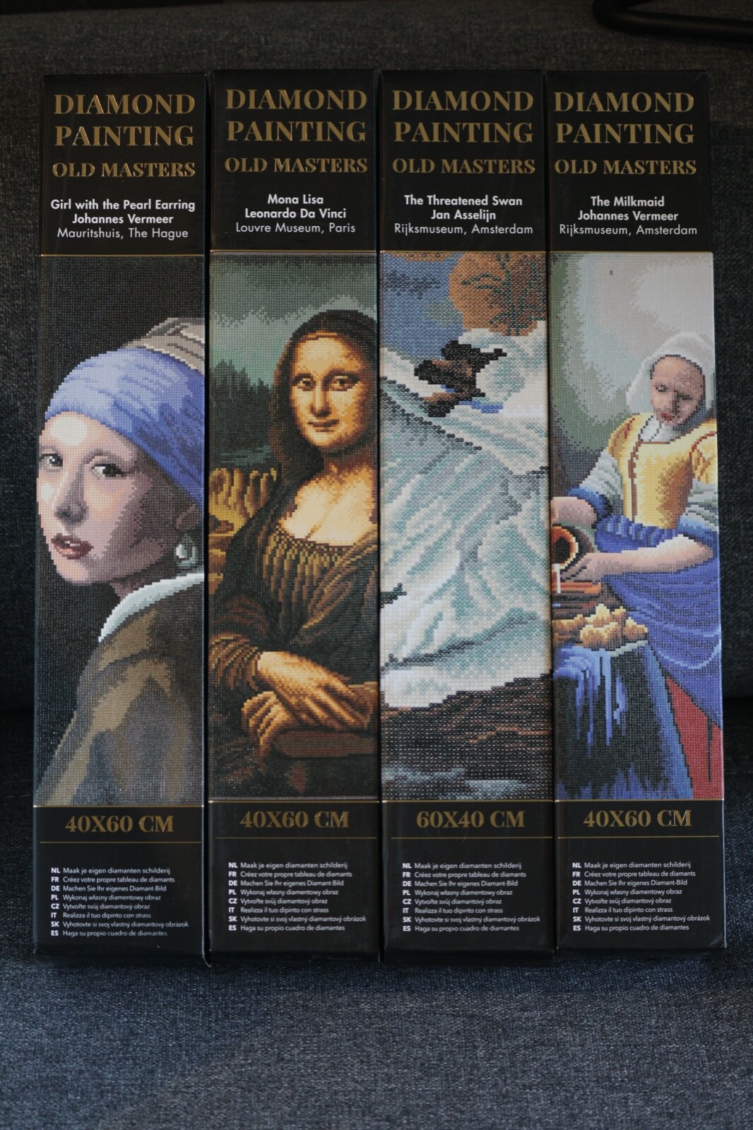 Diamond painting kit Mona Lisa , Le cygne , Jeune fille à la perle , La laitière