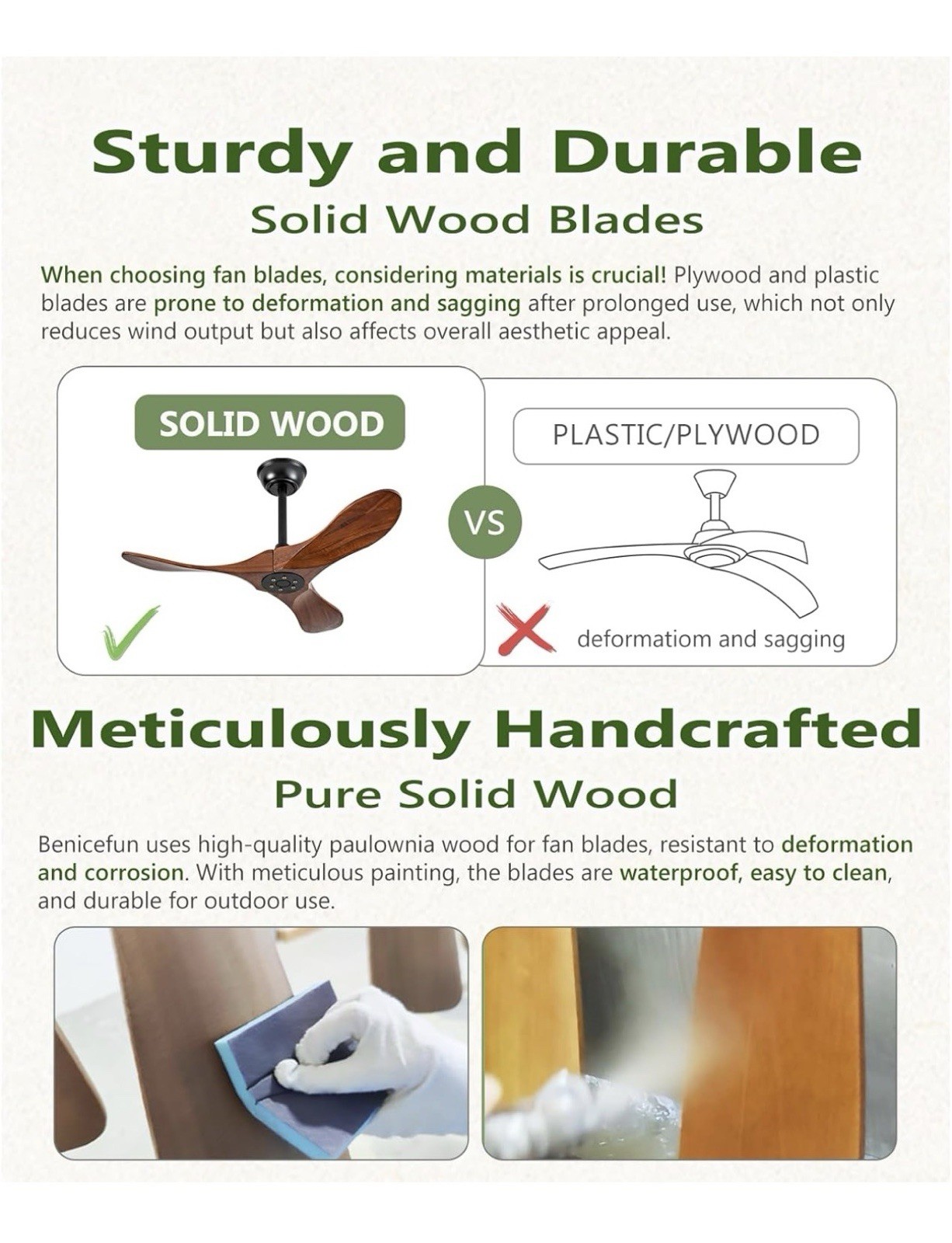 36 Inch Solid Wood Ceiling Fans without Lights, 6 Speeds,Reversible Outdoor/in