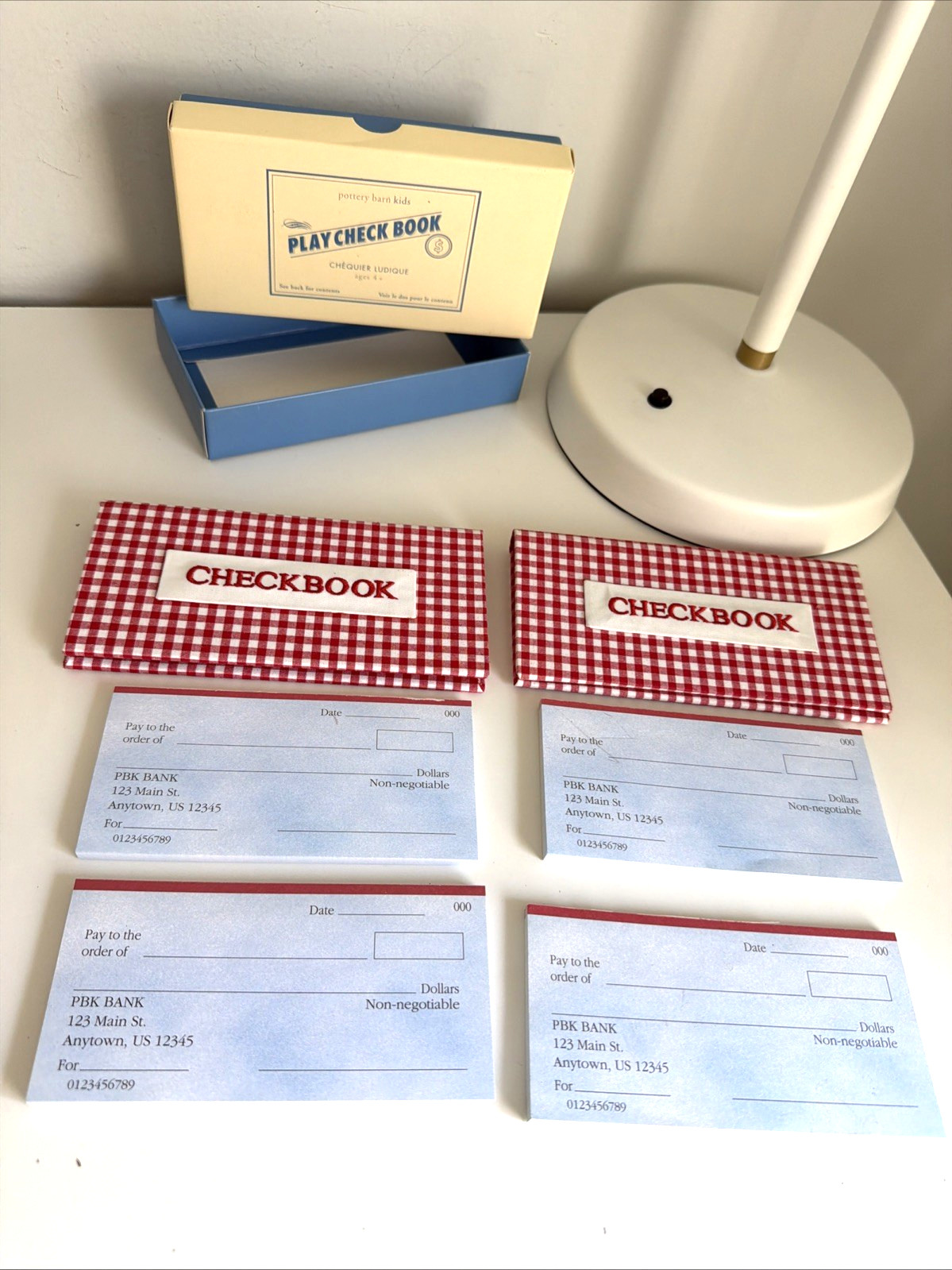 Pottery Barn Kids Play Check Book Bank Toy Gift Home School Banking Budget Lot