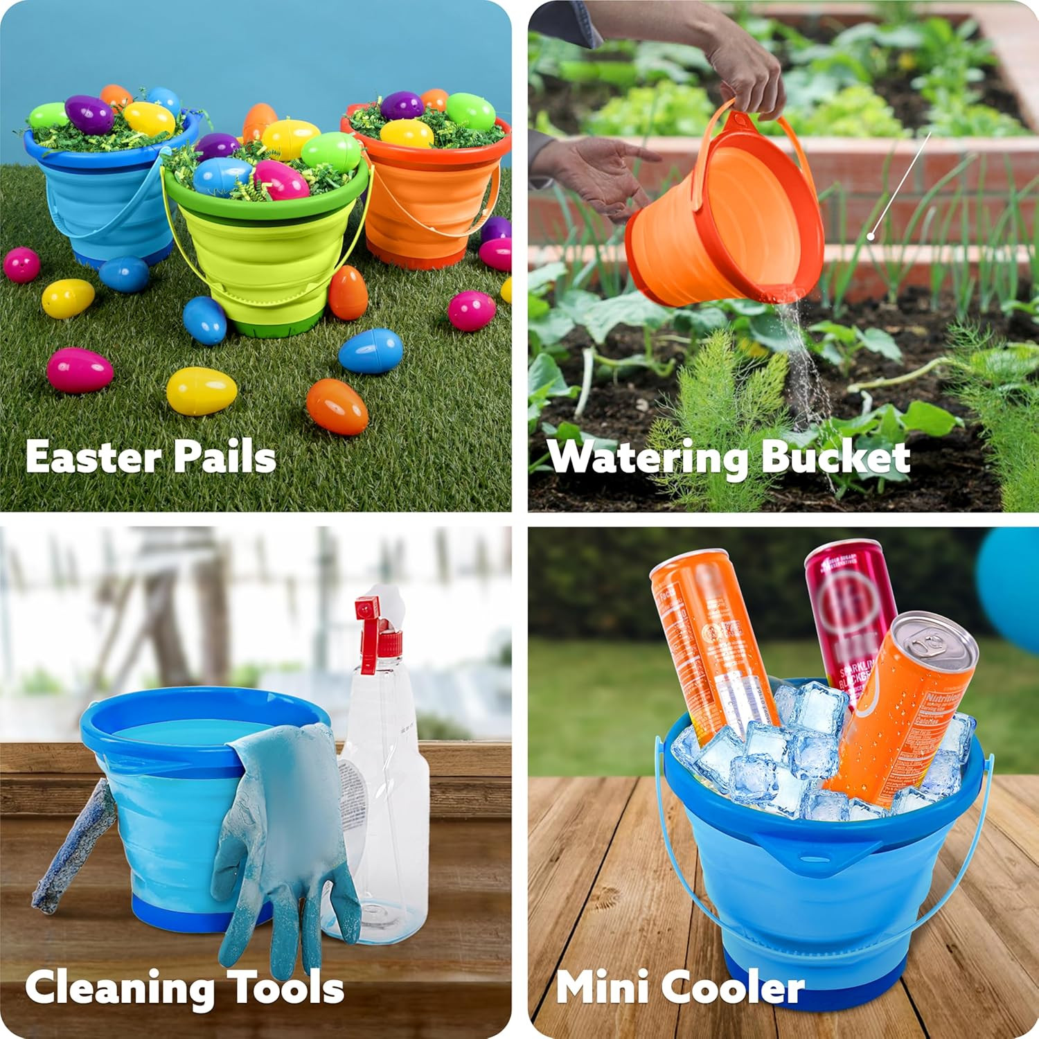 3 Packs Foldable Pail Bucket with Shovels & Mesh Bag, Collapsible Buckets Multi