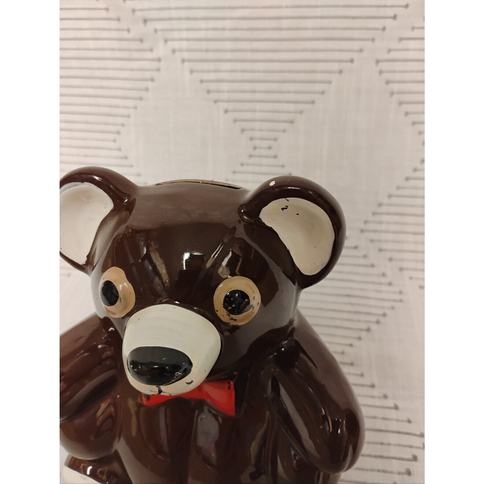 Vintage Brown Teddy Bear Ceramic Bank with Red Bow Made In Japan 70s