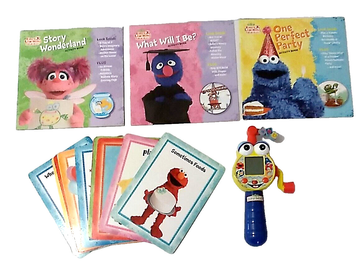 Sesame Street Elmo’s Learning 3 Activity Books 18 Flash Cards Video Fishing Game