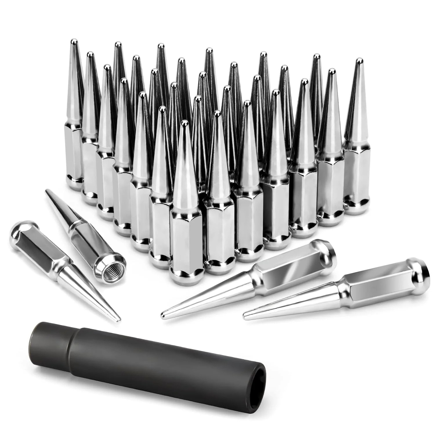 KSP M14X1.5 Spike Lug Nuts, 32PCS Chrome 14mmx1.5 Wheel Spiked Lug Nut for Silve