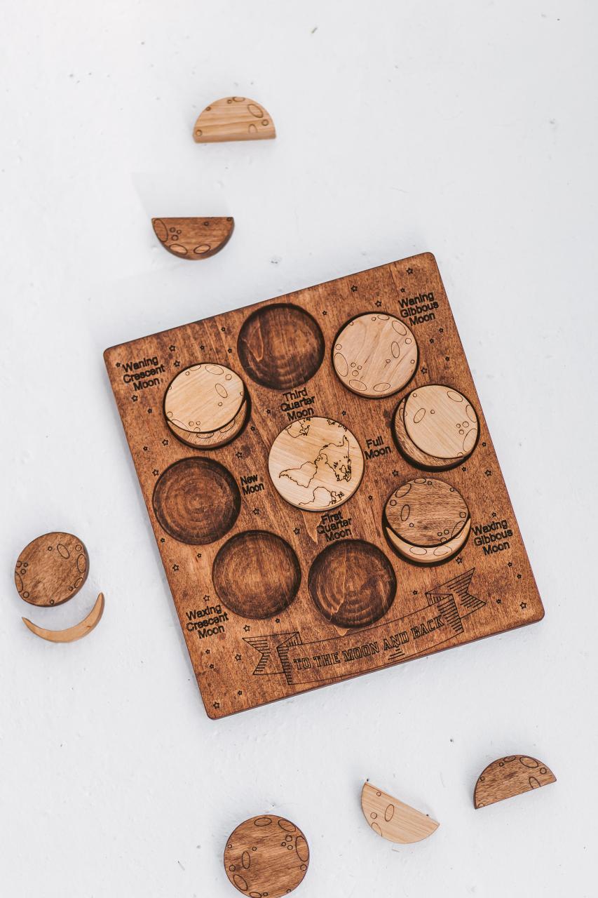 Moon phases puzzle, Wooden educational toy, home school materials wood kids gift