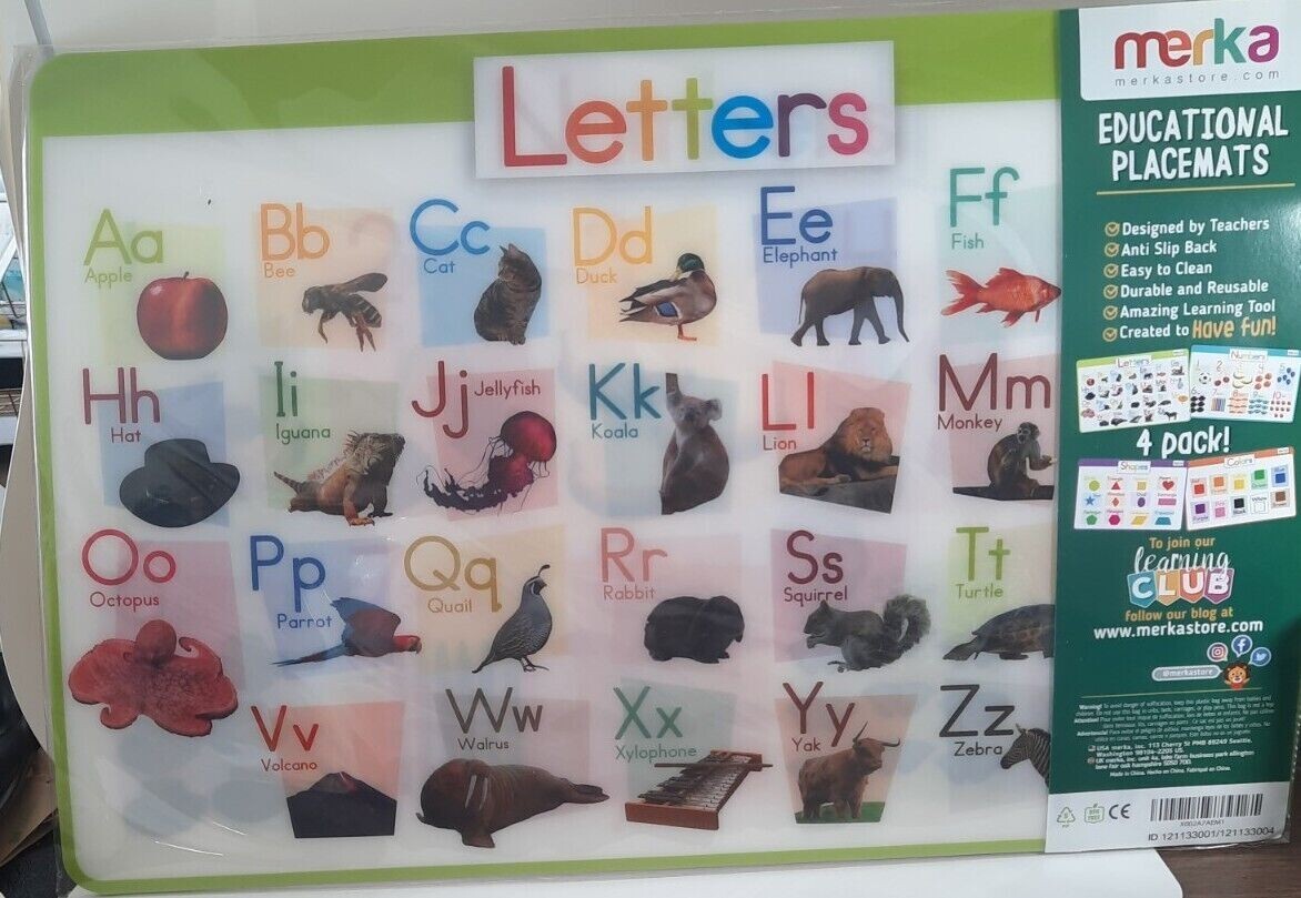 4 PACK Merka Educational Placemats Letters Numbers Shapes Colors- FREE SHIPPING