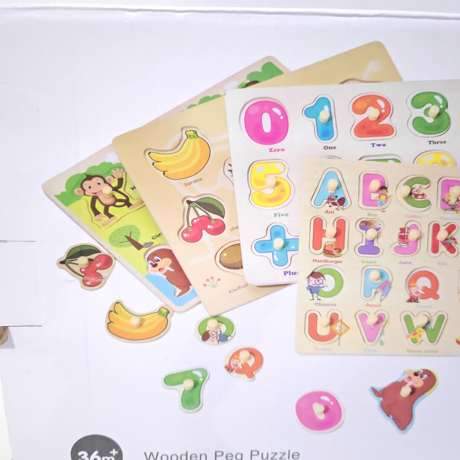 4pcs Wooden Puzzles Toy Gift for 2, 3 Years Old Boys Girls, Montessori Toys Peg