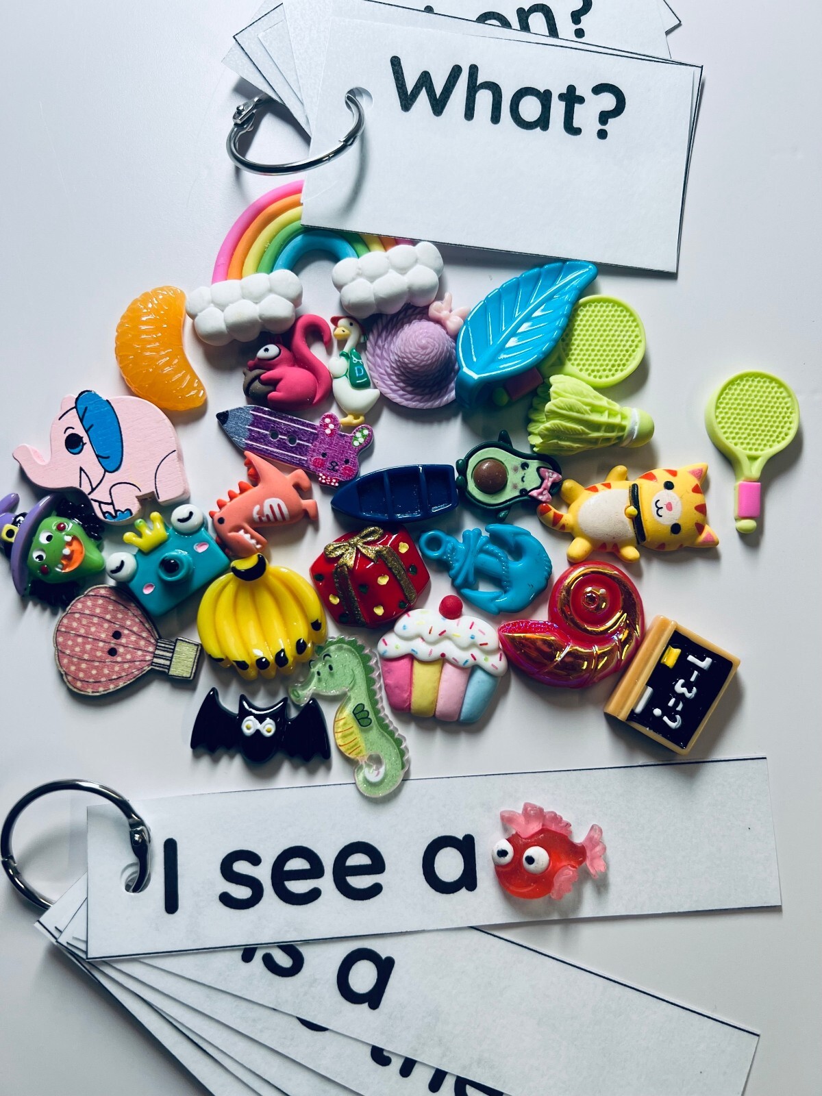 Say and Play mini objects speech therapy includes Prompt cards and 20 trinkets
