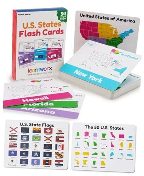 U.S. States Flash Cards for Kids | 50 State Geography Cards with Capitals,