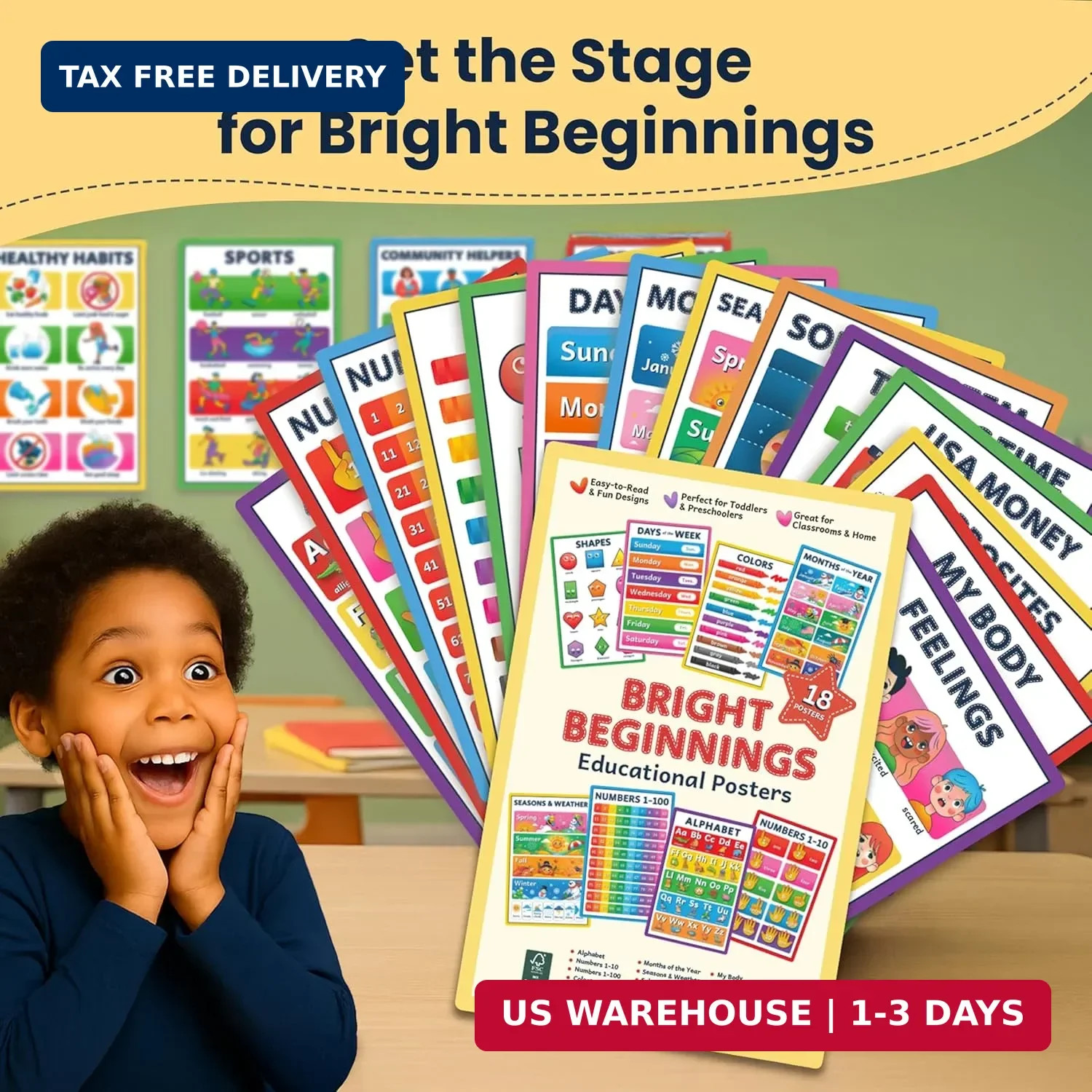 RYVE Educational Posters for Kids – 18 Laminated Preschool Posters for Classroom