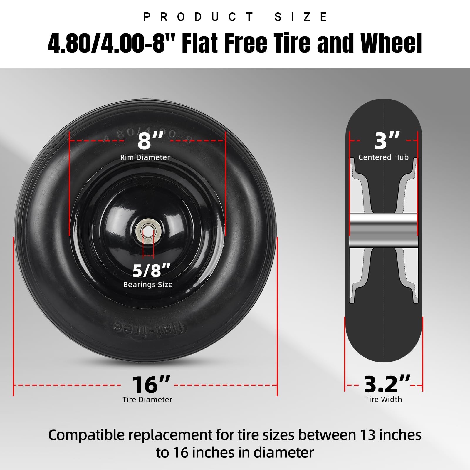 (2-PACK) 4.80/4.00-8″ Tire and Wheel – Universal Fit 16″ Flat Free Solid Whee…