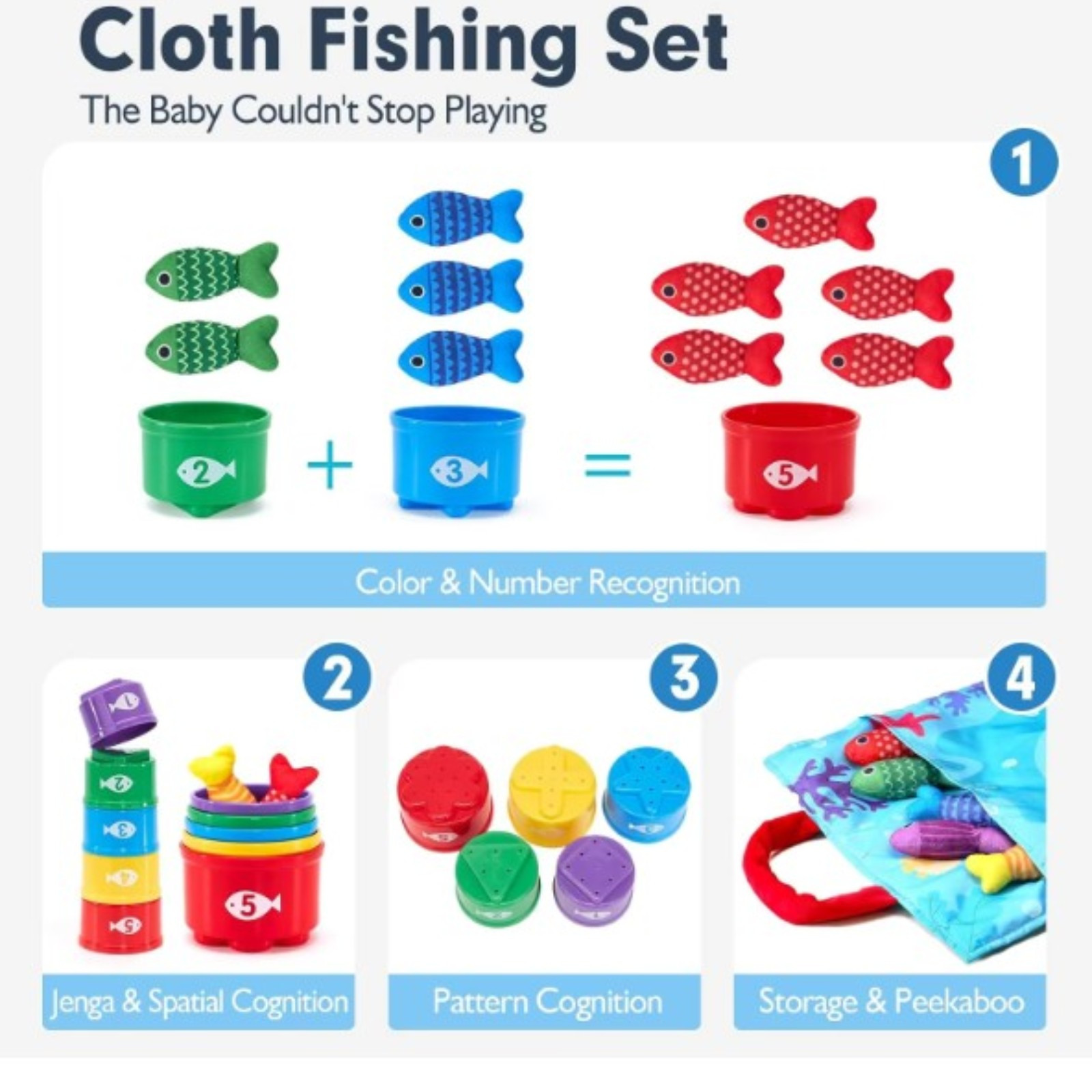 Cloth Fishing Game Color Sorting Counting Learning Toy for Toddlers B