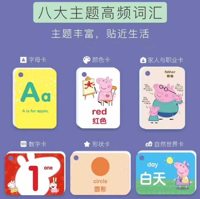 小猪佩奇双语认知卡片 盒装100张 点读版 动画原图 双语启蒙