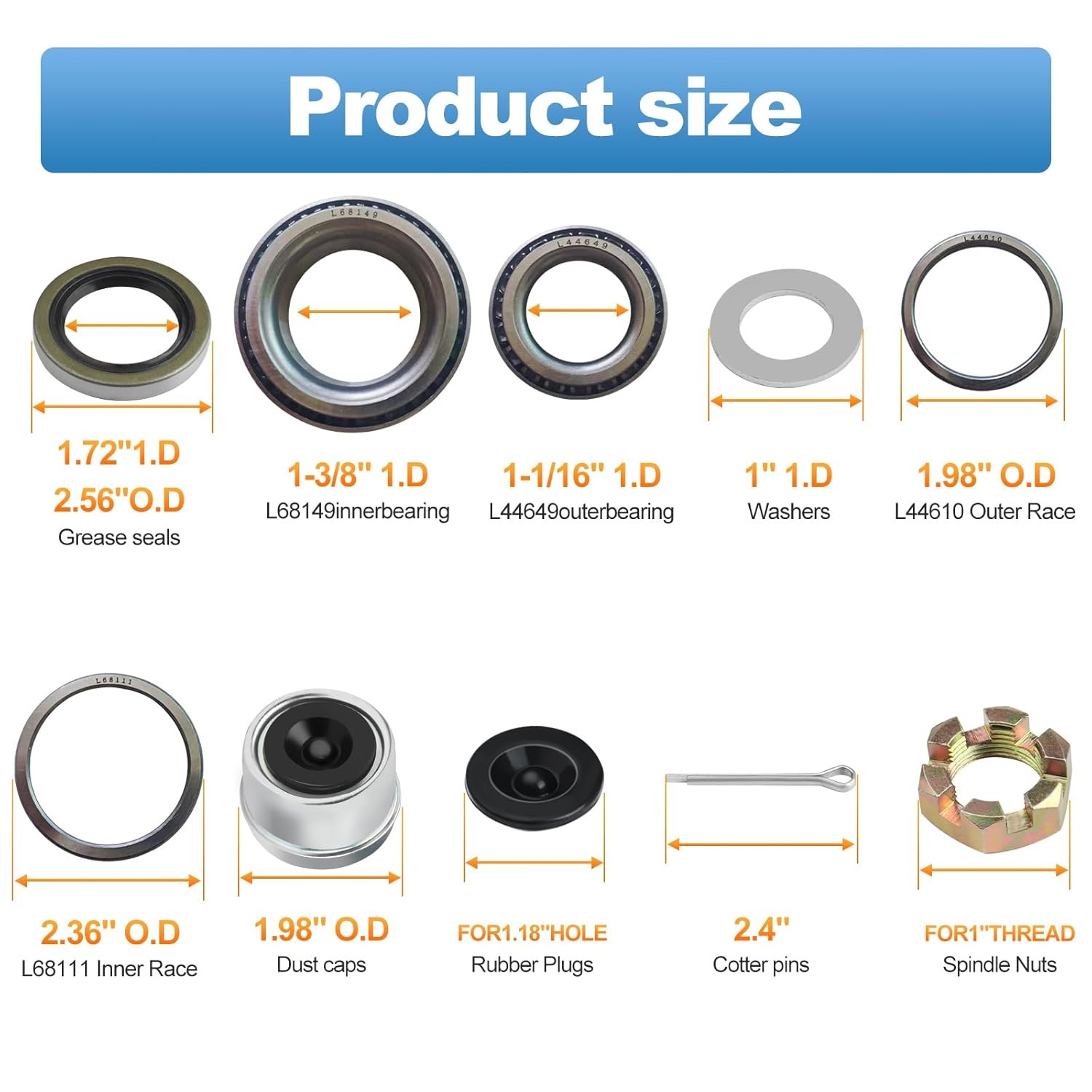 Trailer Axle Bearings Kit L68149 L44649 171255TB Grease Seals 1.98″ Trailer