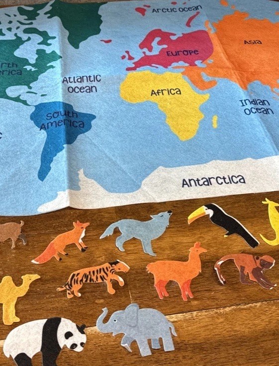 Felt World Map with Felt Animals Match to Continent Felt Pieces Horizon