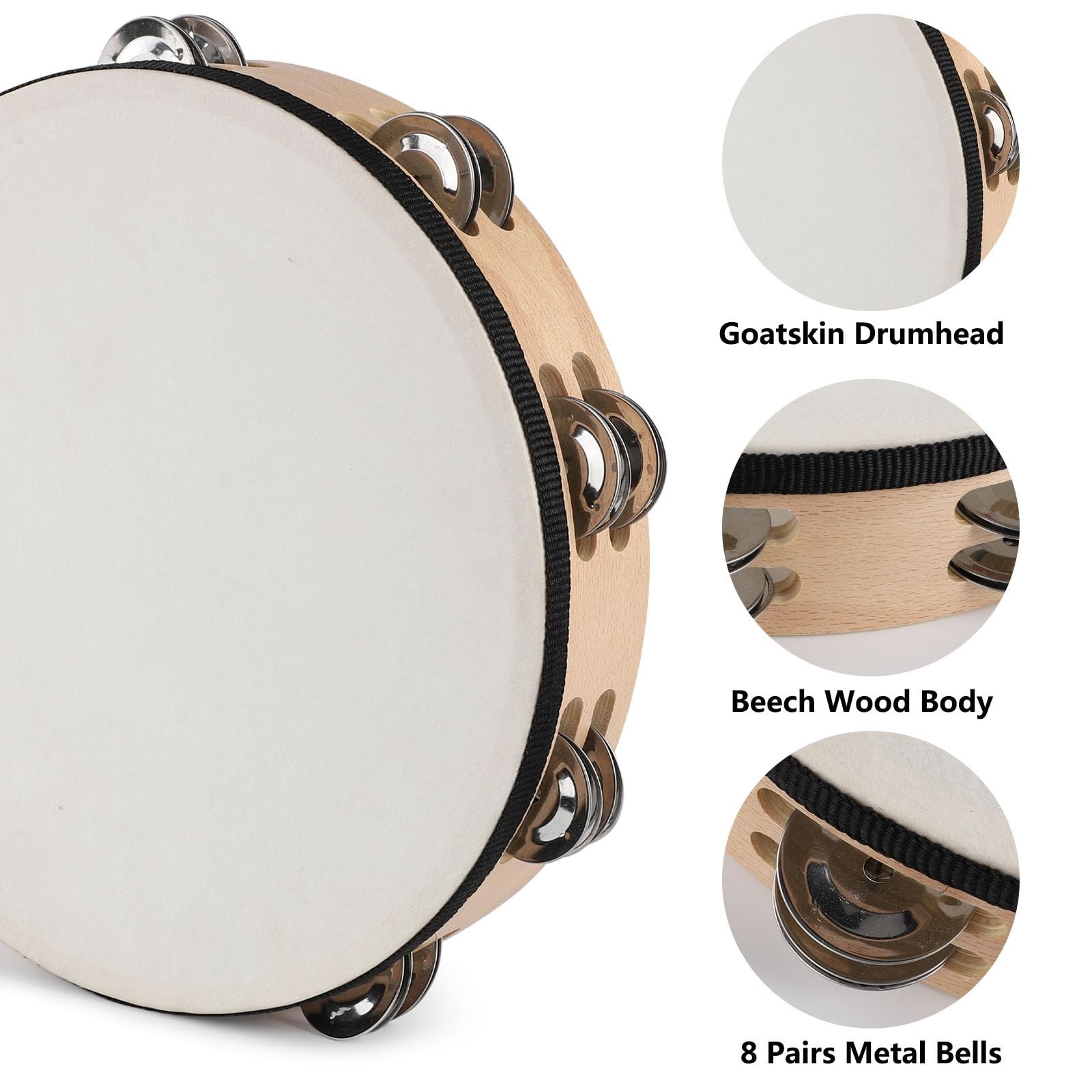 LIEKE Goatskin Tambourine 10 Inch Beechwood Hand Held Drum for Adult with 8 P…