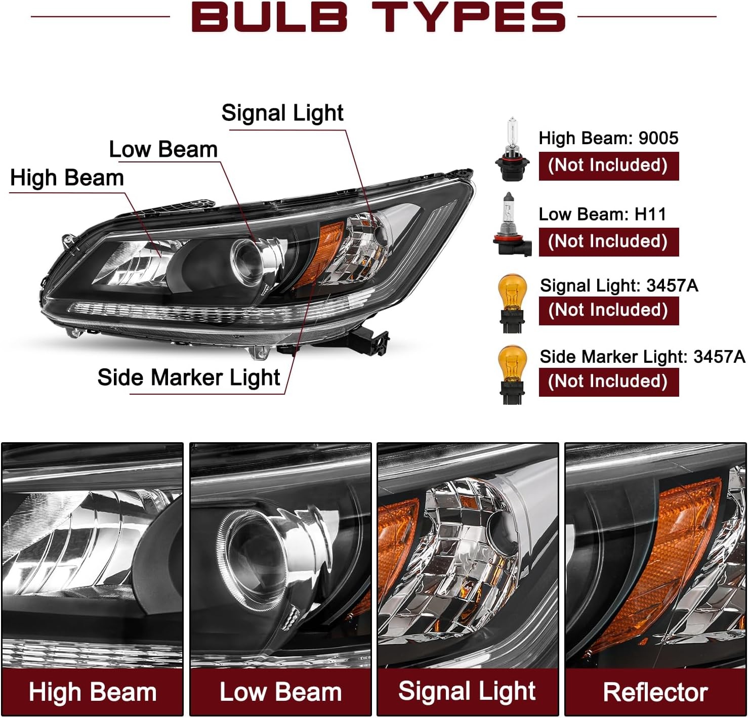 13-15 Honda Accord Sedan Headlight Assembly Pair Black Projector Housing & Amber