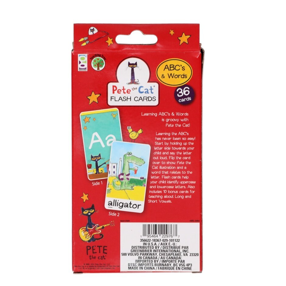 Pete the Cat Flash Cards ABC’S & WORDS + 10 Bonus Cards Long/Short Vowels 36 pk