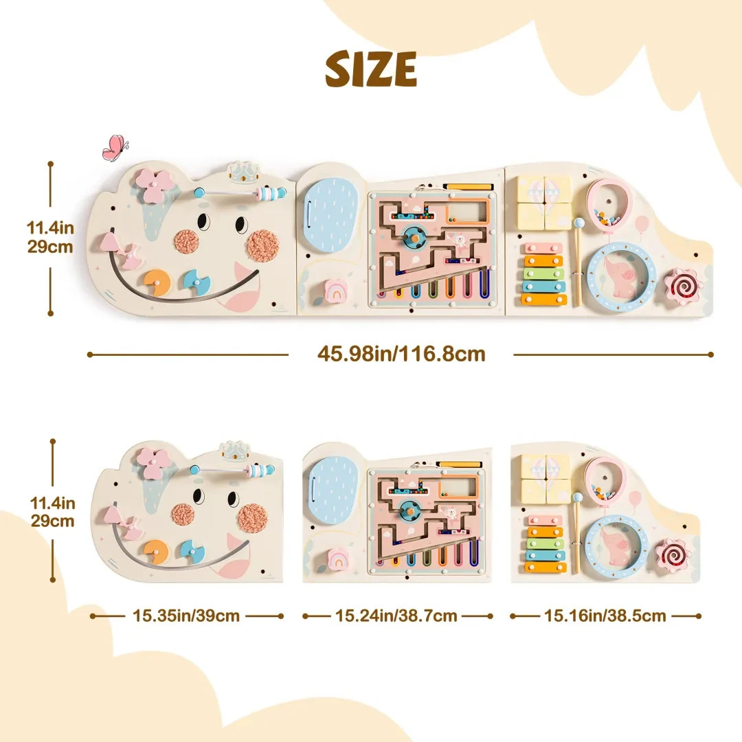 ROBUD Wooden Cream Elephant Busy Board Montessori Sensory Wall Toy for 1-3 kids