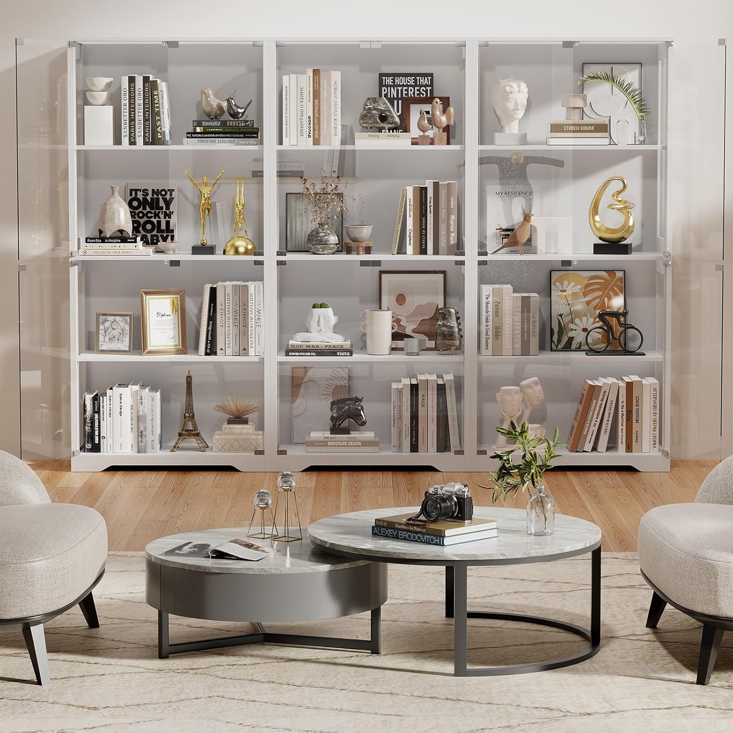 Display Cabinet with Glass Doors, 4-Tier Curio Cabinet with 3 Color Lights for