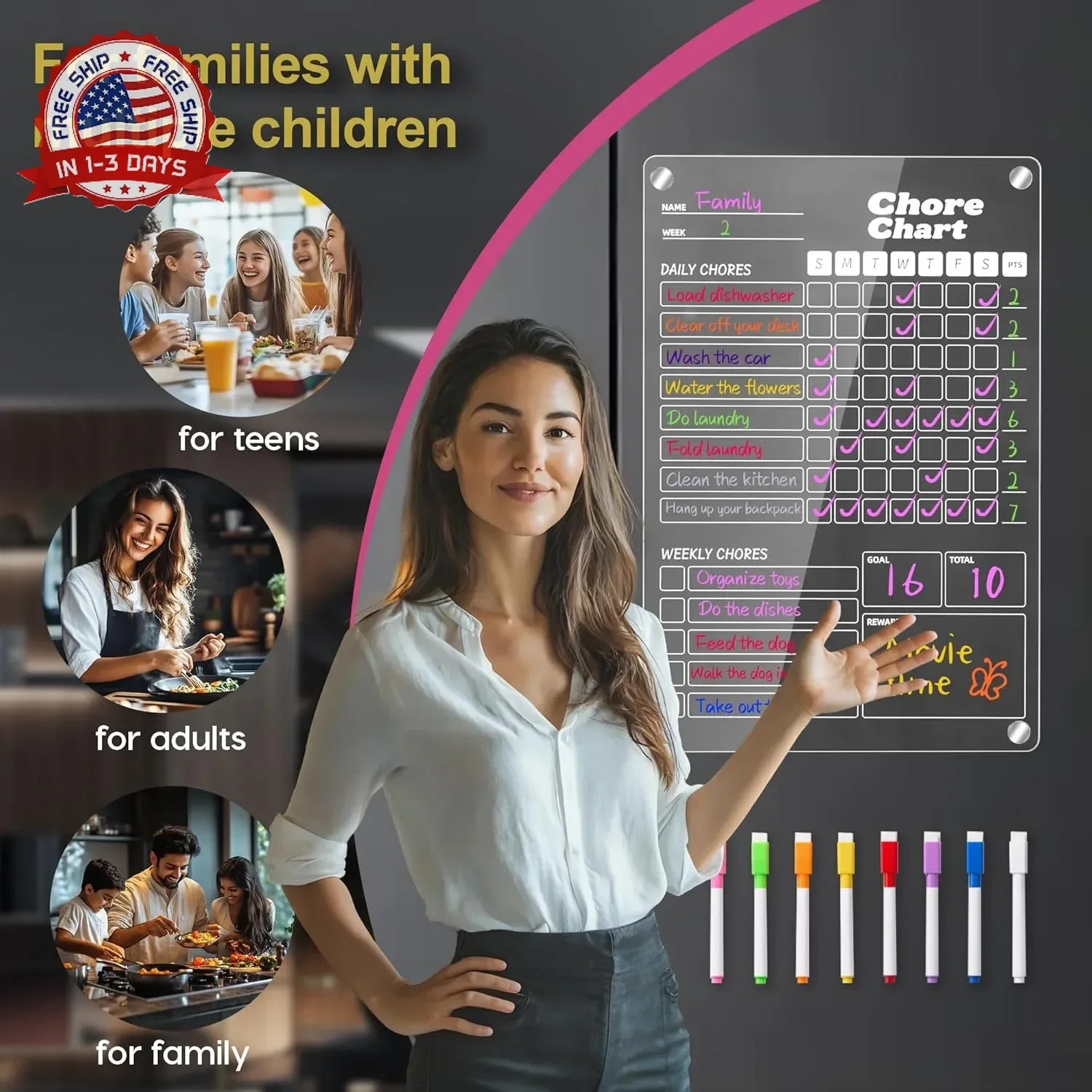 2 pcs Acrylic Magnetic Chore Chart for Kids on Fridge, Chore Board, Dry Erase Ch