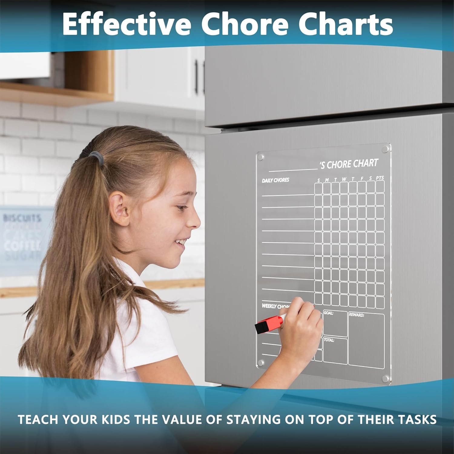 Stylish 12”x9” Acrylic Dry Erase Chore Chart with 8 Color Markers for Families