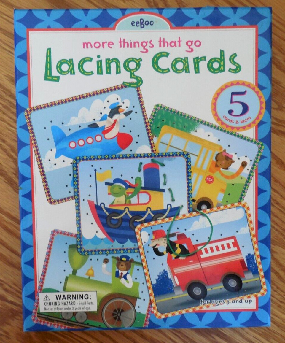 EUC 2008 eeBoo “More Things That Go” Lacing Cards with 5 Cards & Laces
