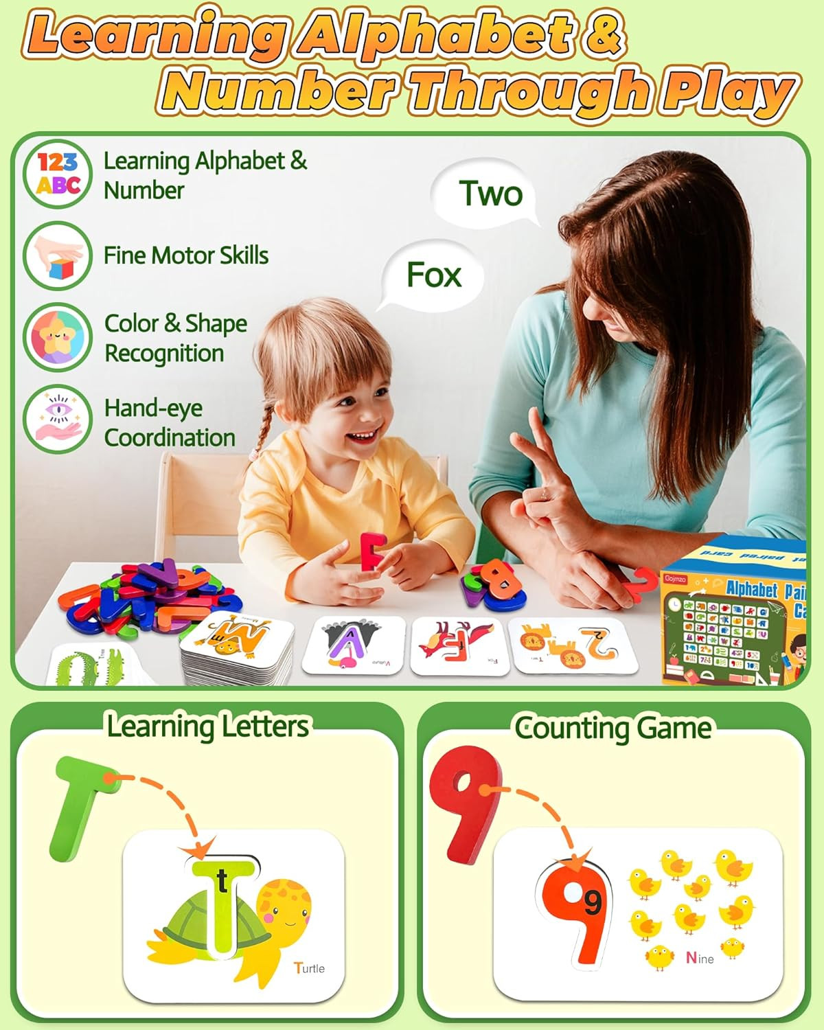 Alphabet Flash Cards ABC Learning Toys with Wooden Letter Numbers for Kid Age 3+