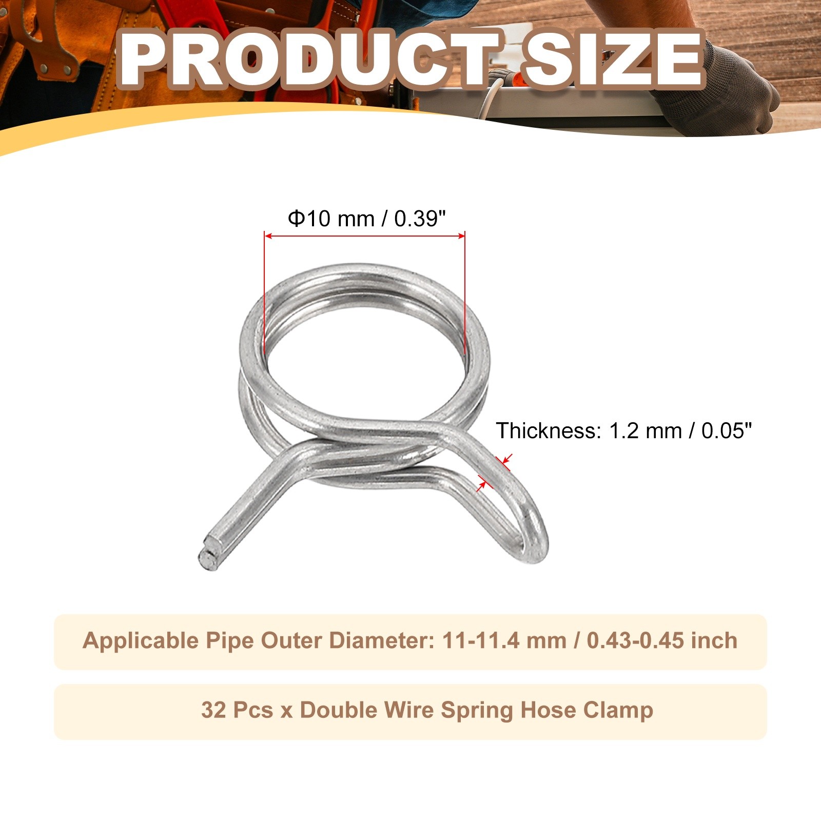 32 Pcs Double Wire Spring Hose Clamp for 11-11.4mm OD 0.39″(10mm) ID Silver