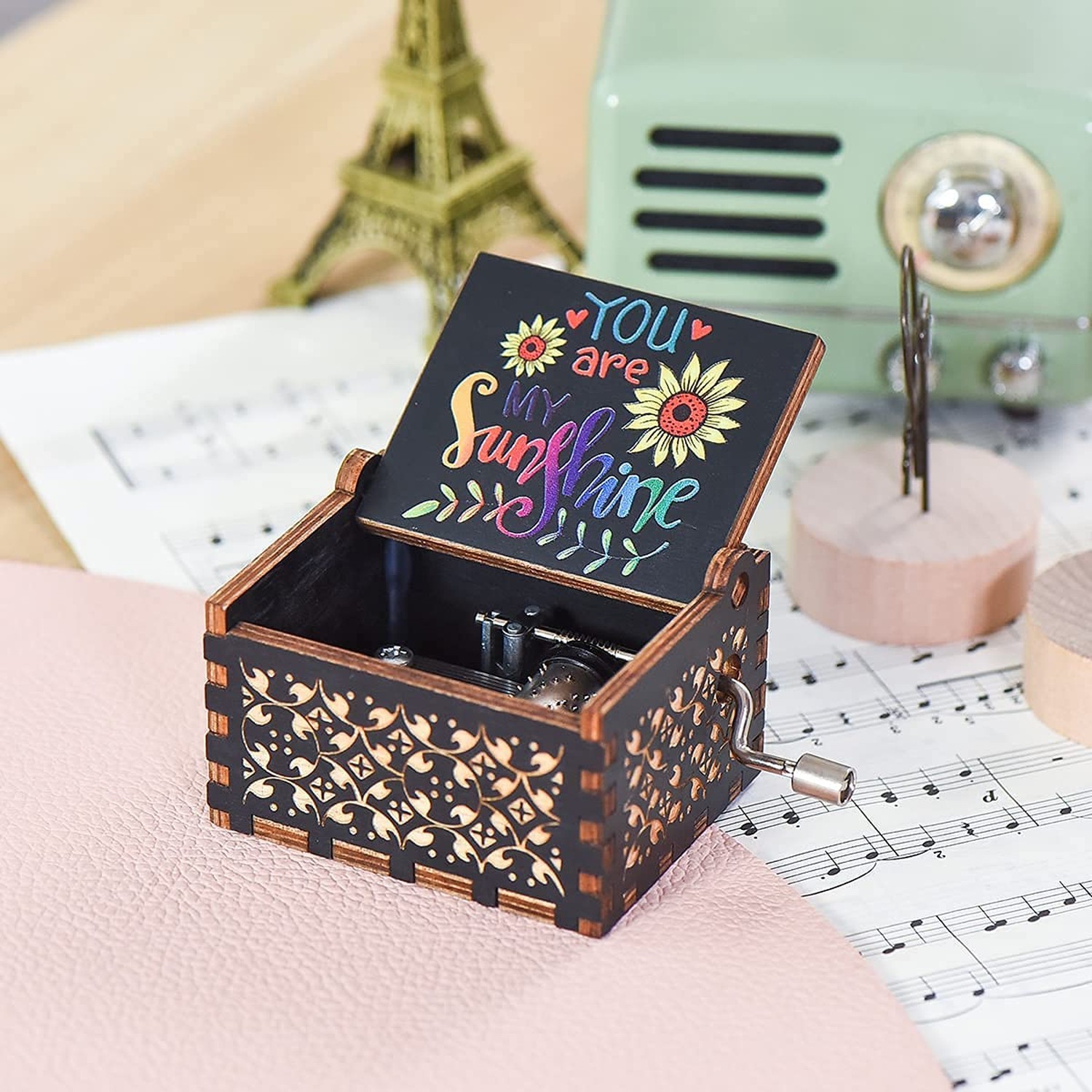 Wood Music Box, Wooden Hand Crank Musical Instrument with Melody You’re My
