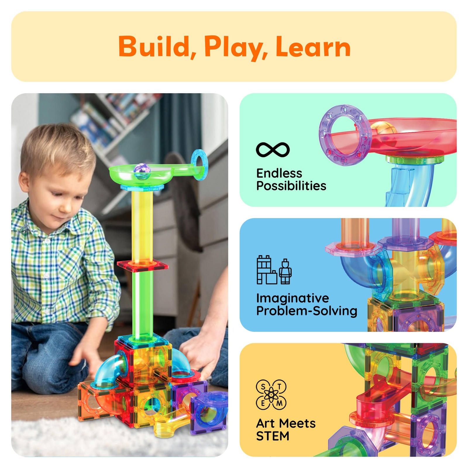 PicassoTiles Magnetic Marble Run 22.9 cm x x 7.6 cm, Multicolored