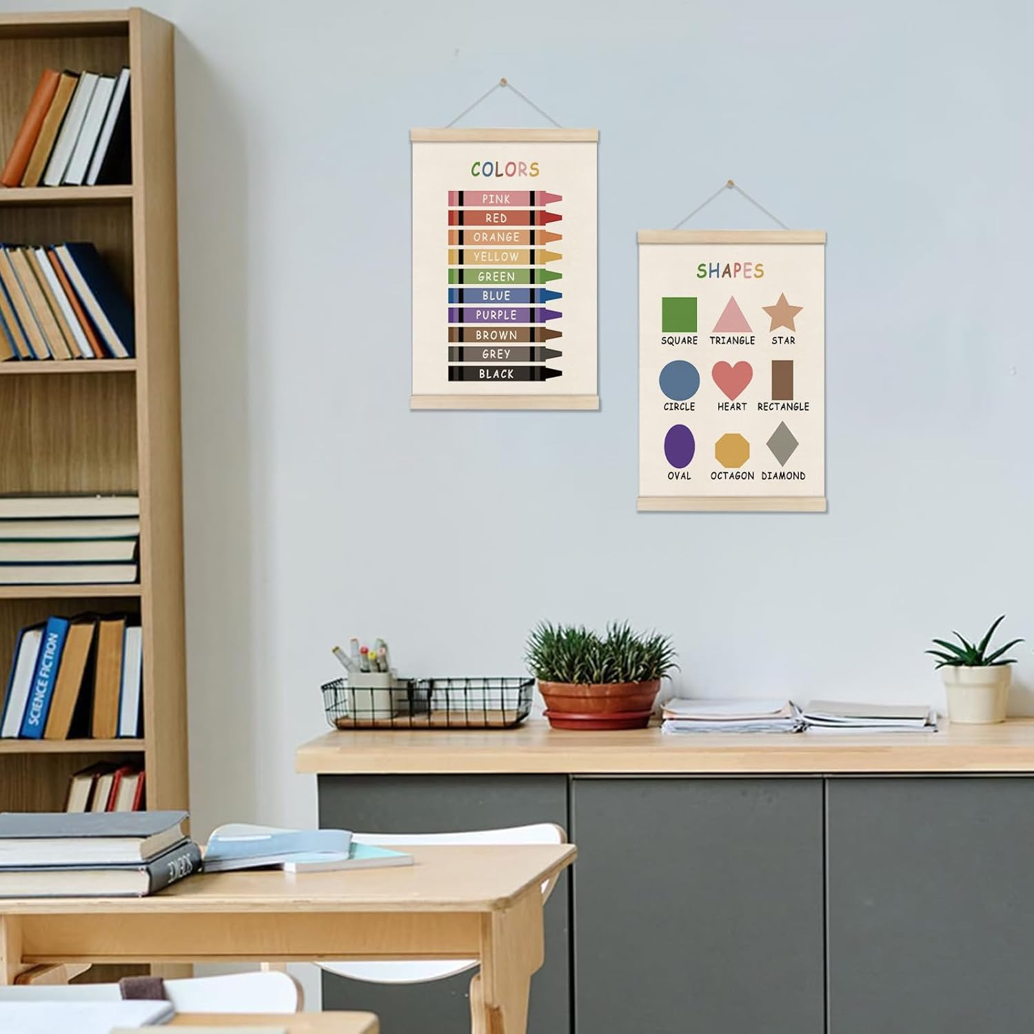 Colors Shapes Posters Hanger Frame, Educational Posters for Toddler Kids, Set of
