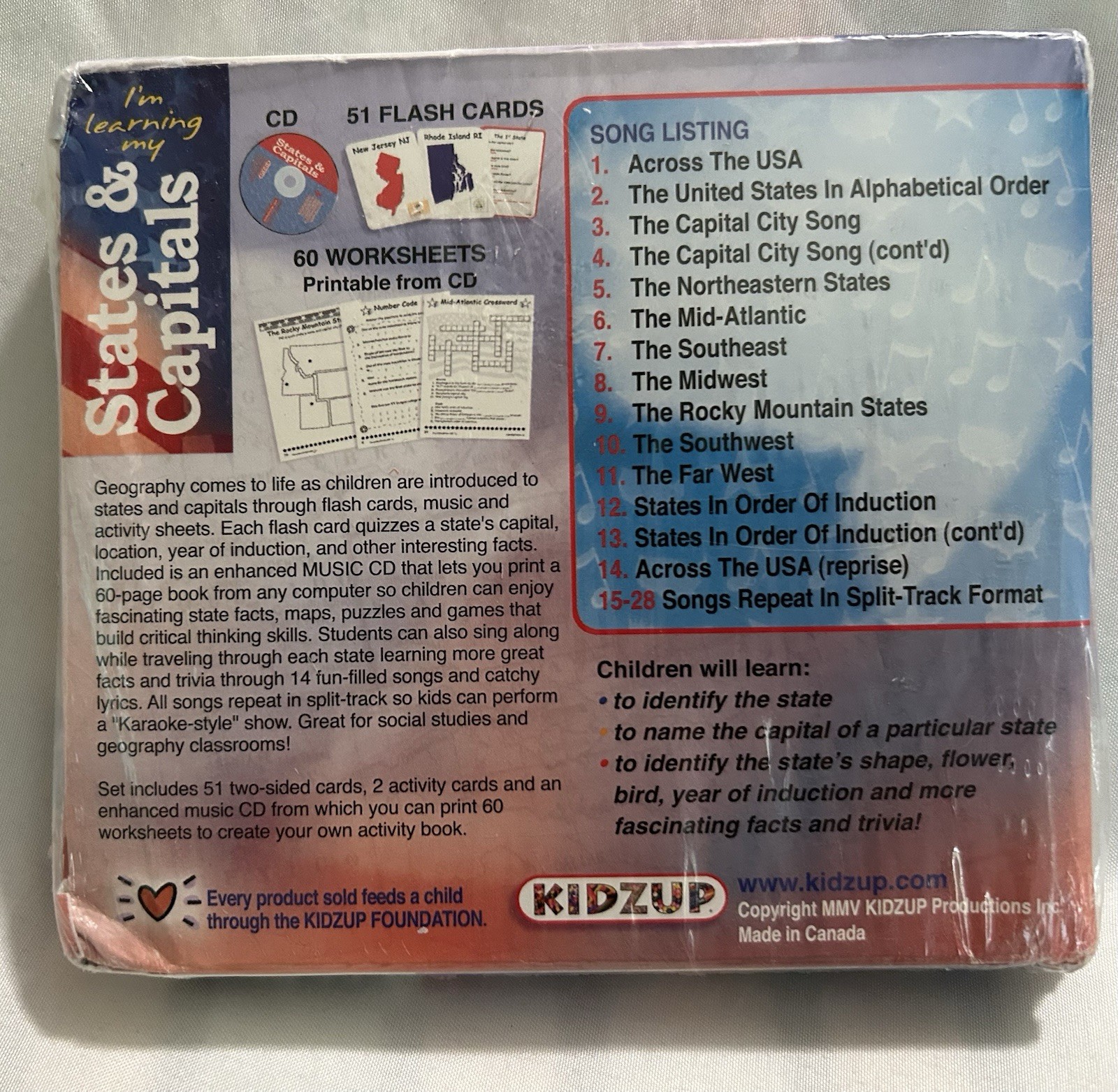 KIDZUP States & Capitals Geography Flash Cards Learning Kit w/ Music CD Ages 7+