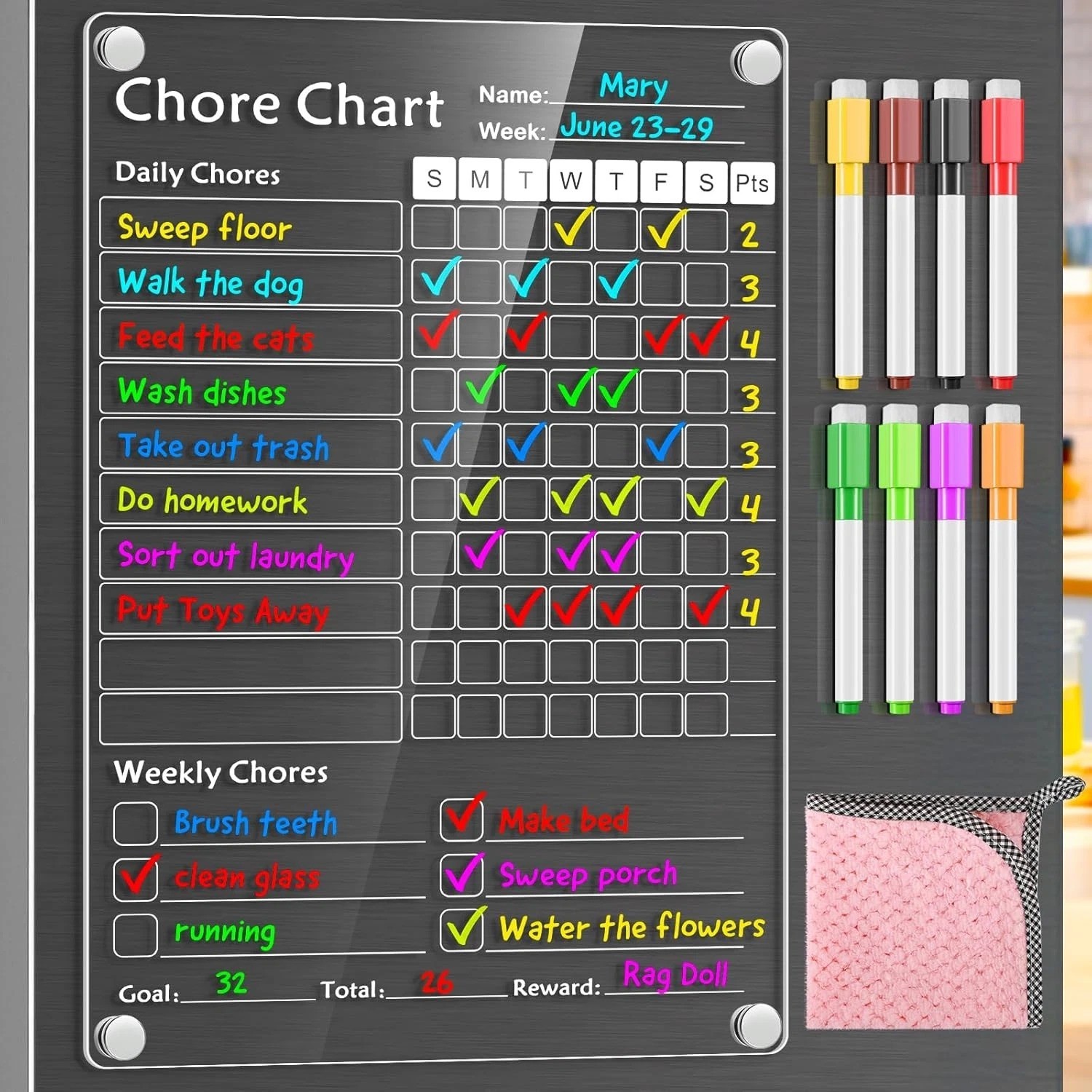 Acrylic Magnetic Chore Chart for Kids,Chores 12 x 8 inch, White-1 Pack
