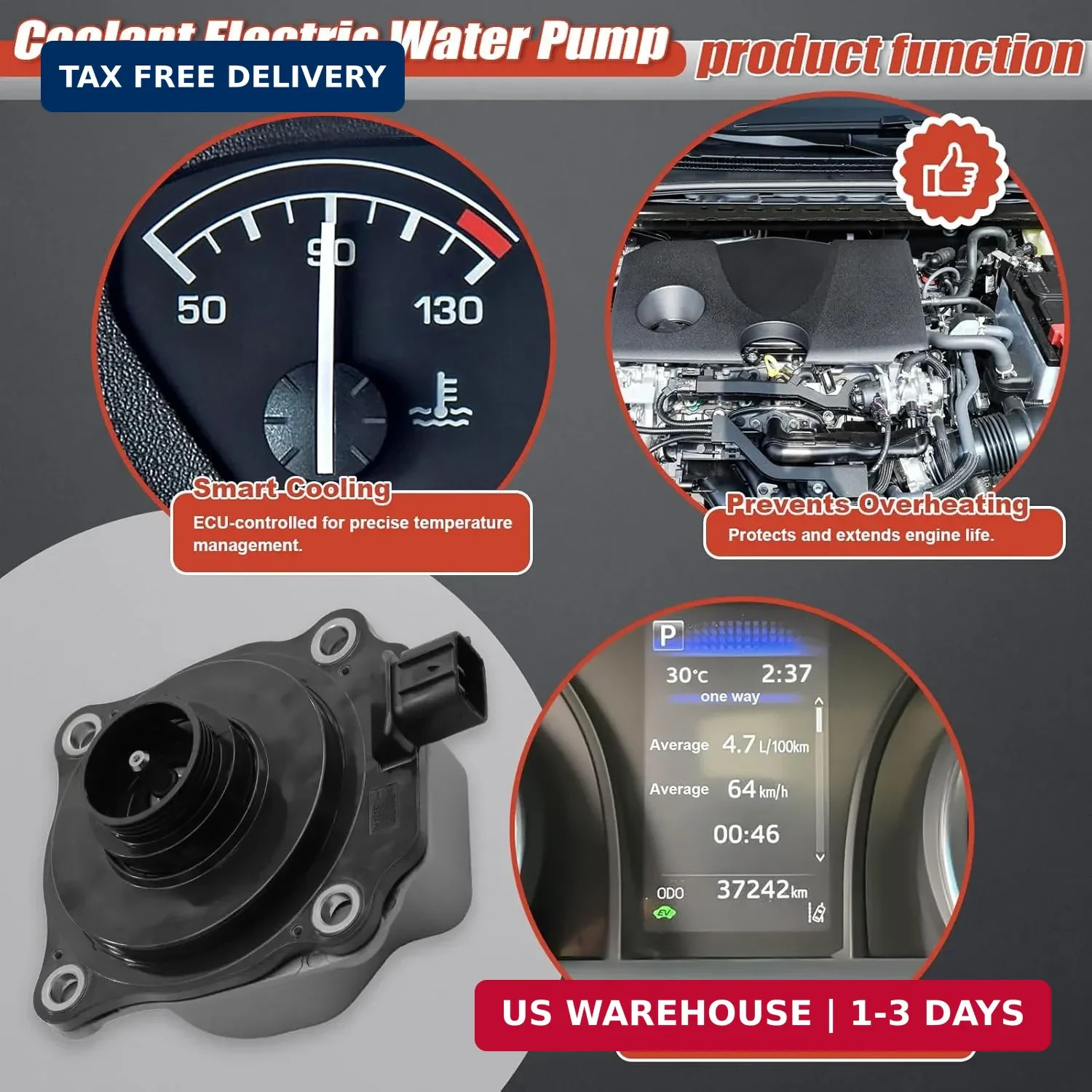 Coolant Electric Water Pump Fit for Toyota Camry 2018-2022, Toyota RAV4 Avalon 2