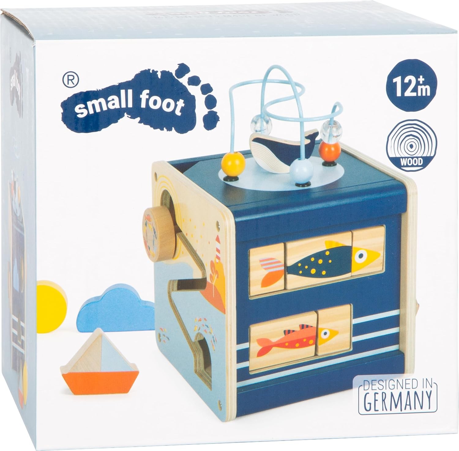 small foot Big Ocean Activity Cube Made of Wood, Maritime Motor Toy for Toddlers
