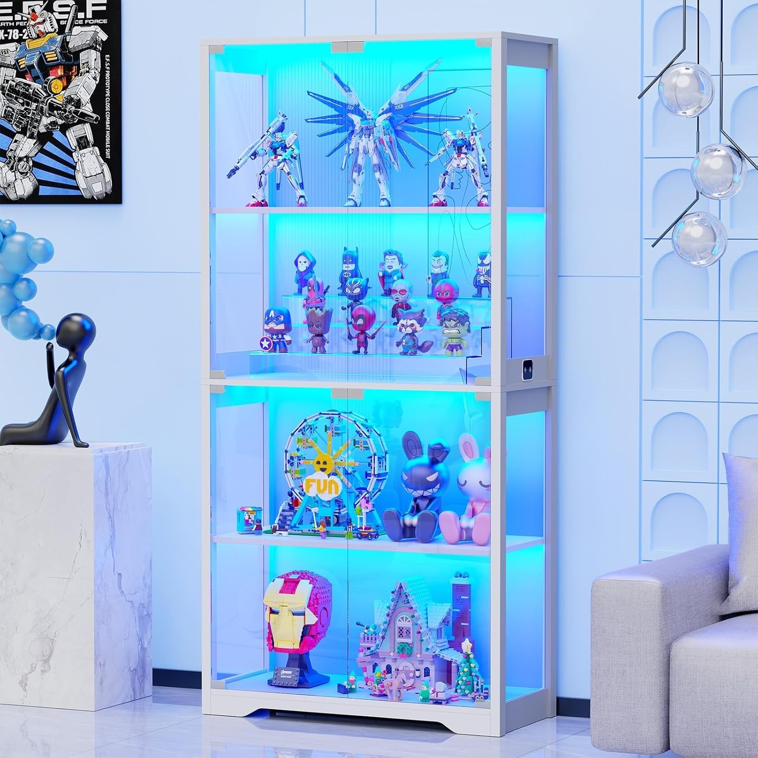 Display Cabinet with Glass Doors, 4-Tier Curio Cabinet with 3 Color Lights for