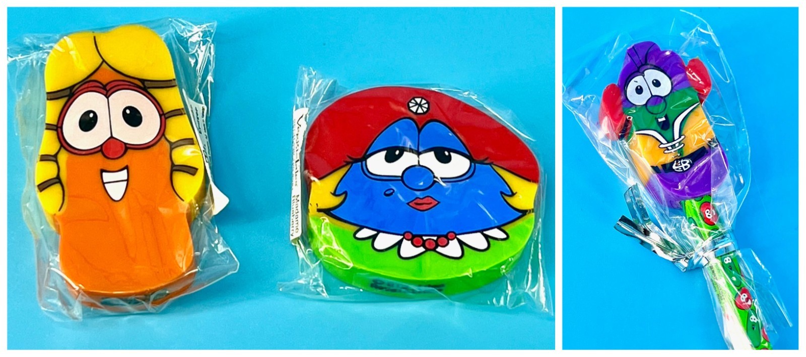 Vtg Veggie Tales Jumbo Erasers & Pencil Big Idea Laura Blueberry Larry-Boy NEW