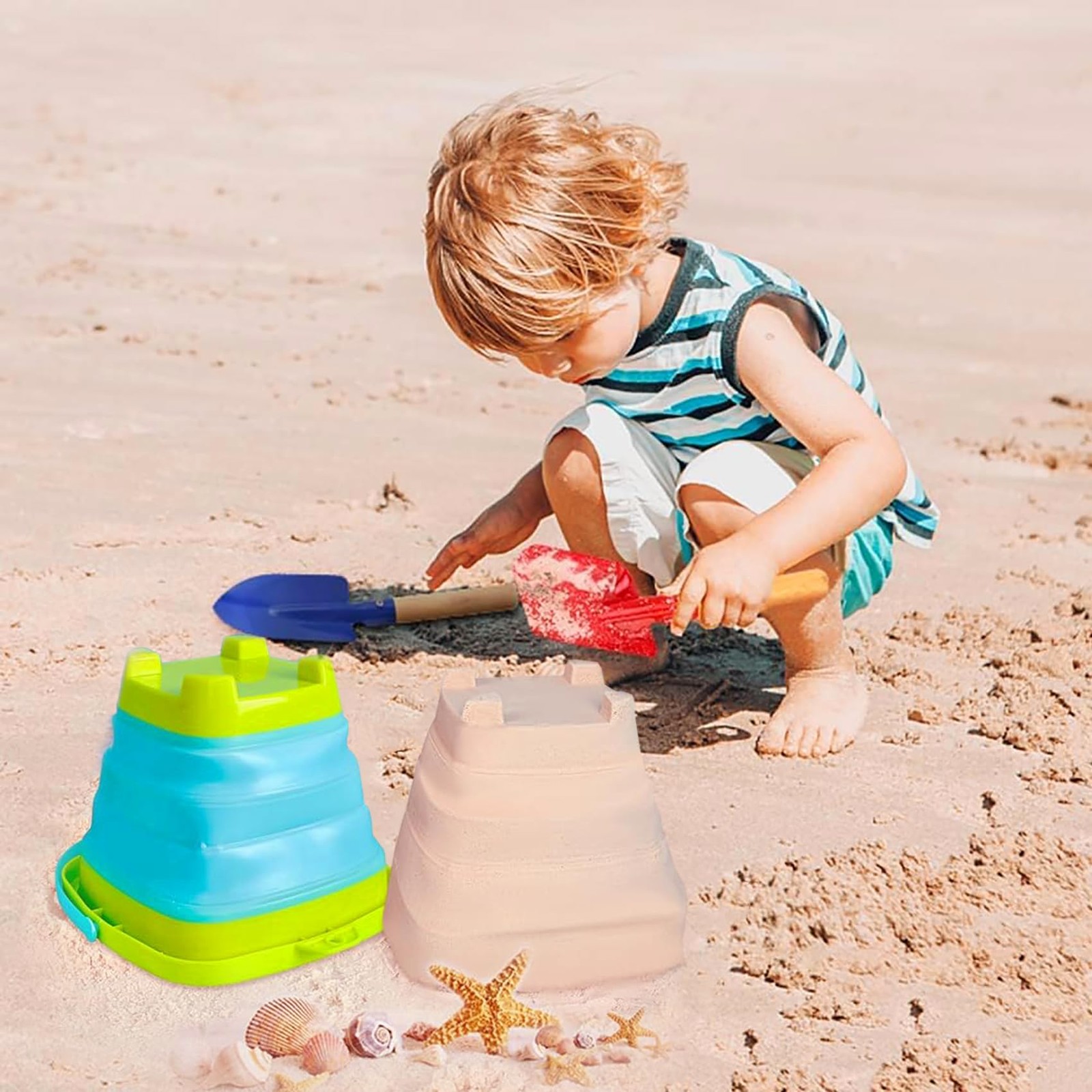Collapsible Beach Toys for Kids Toddlers Beach Buckets with 3pcs Metal Shovels