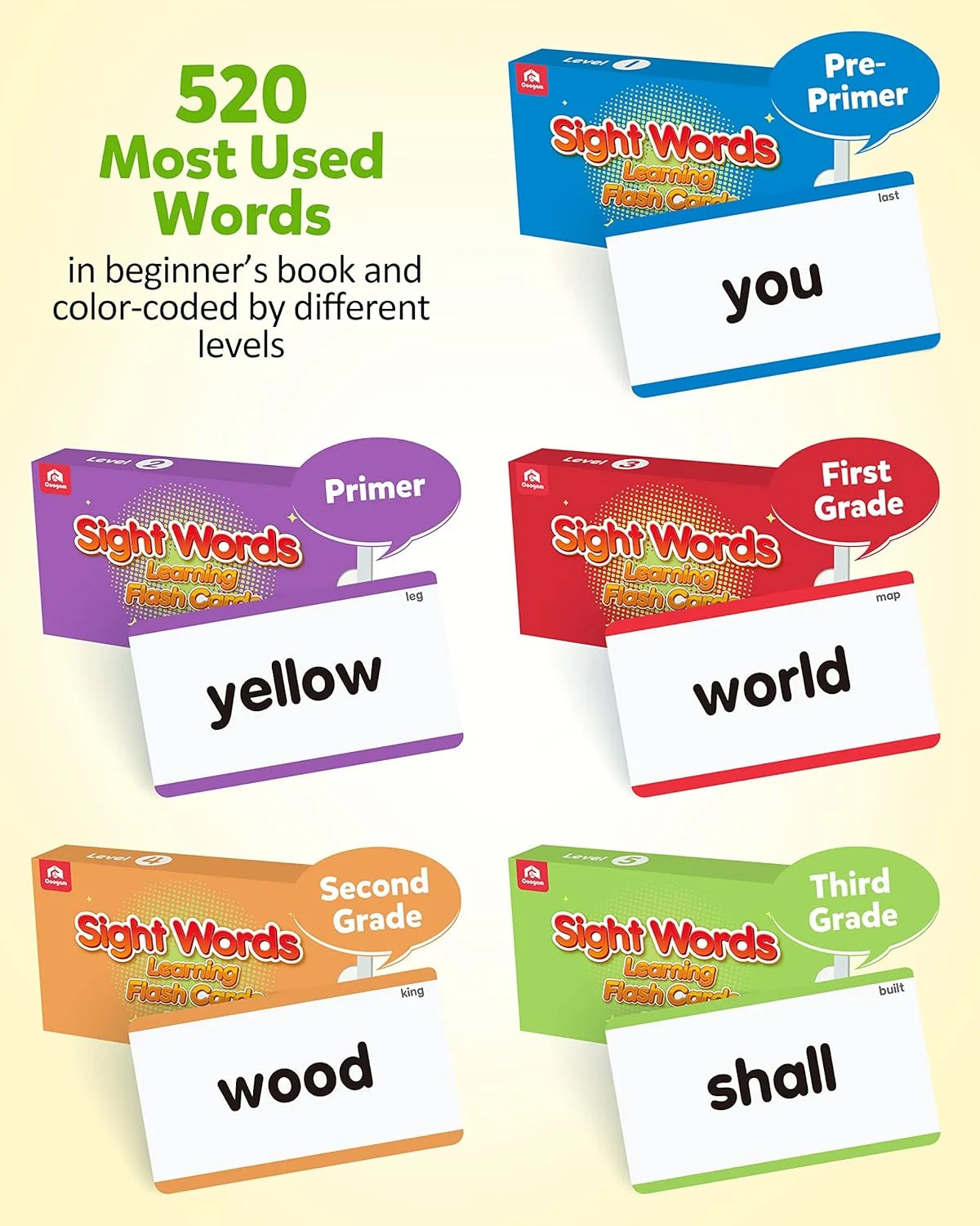 Coogam 520 Sight Words Learning Vocabulary Flash Cards, Dolch Fry High Frequency
