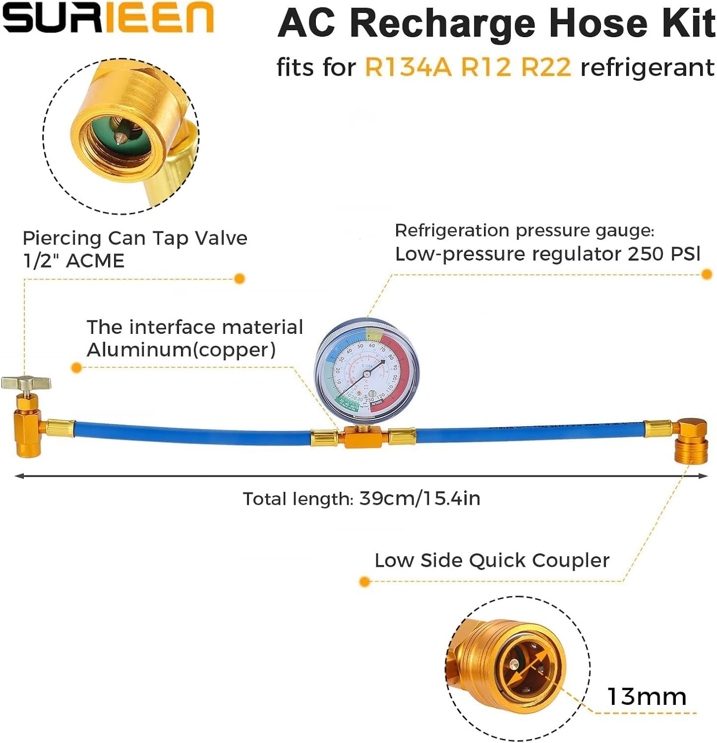 R134A AC Refrigerant Charge Hose Kit with Pressure Gauge 1/2″ Self-Sealing Valve