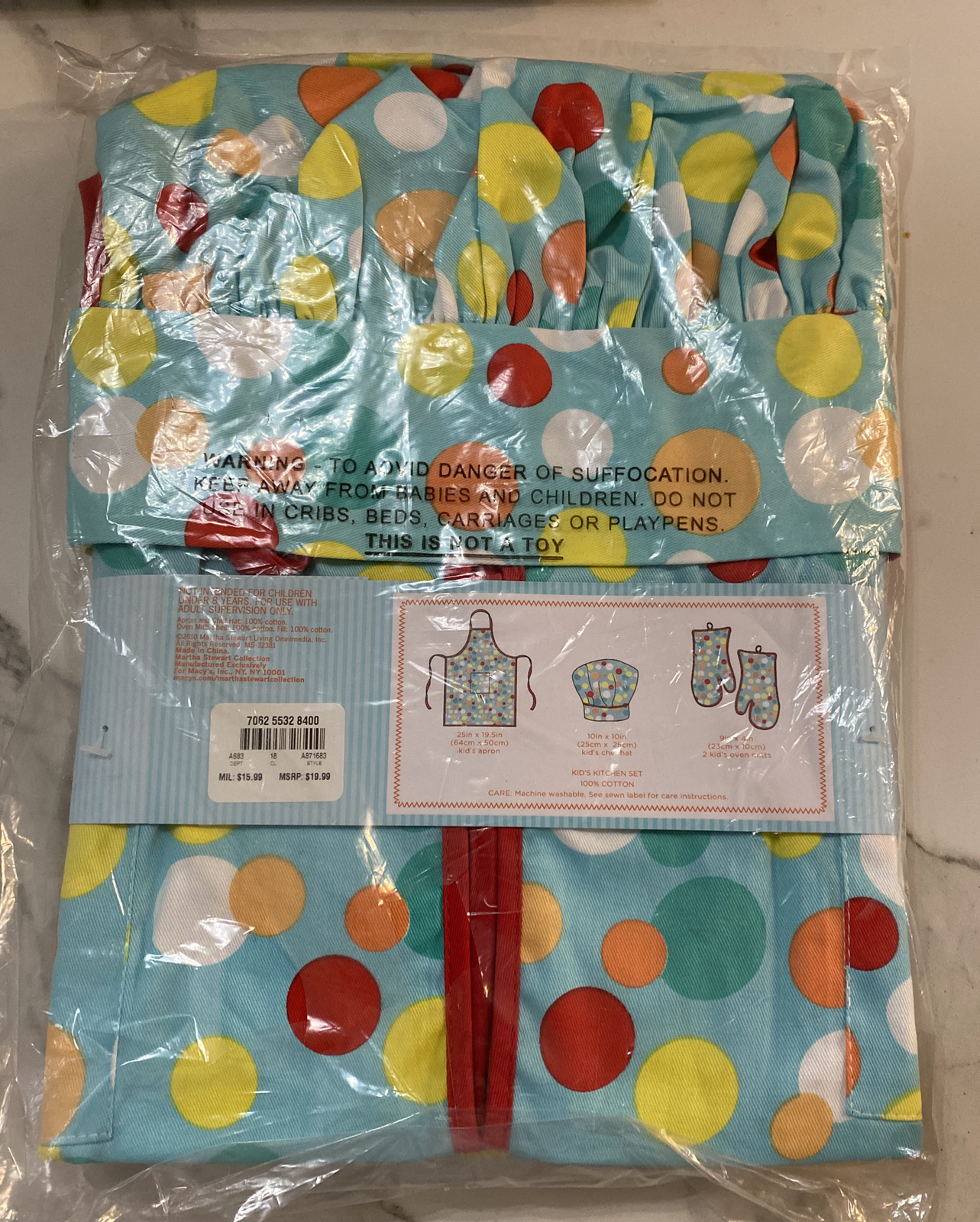 Martha Stewart Collection Kid’s Kitchen Set Chef Hat Apron & 2 Oven Mitts