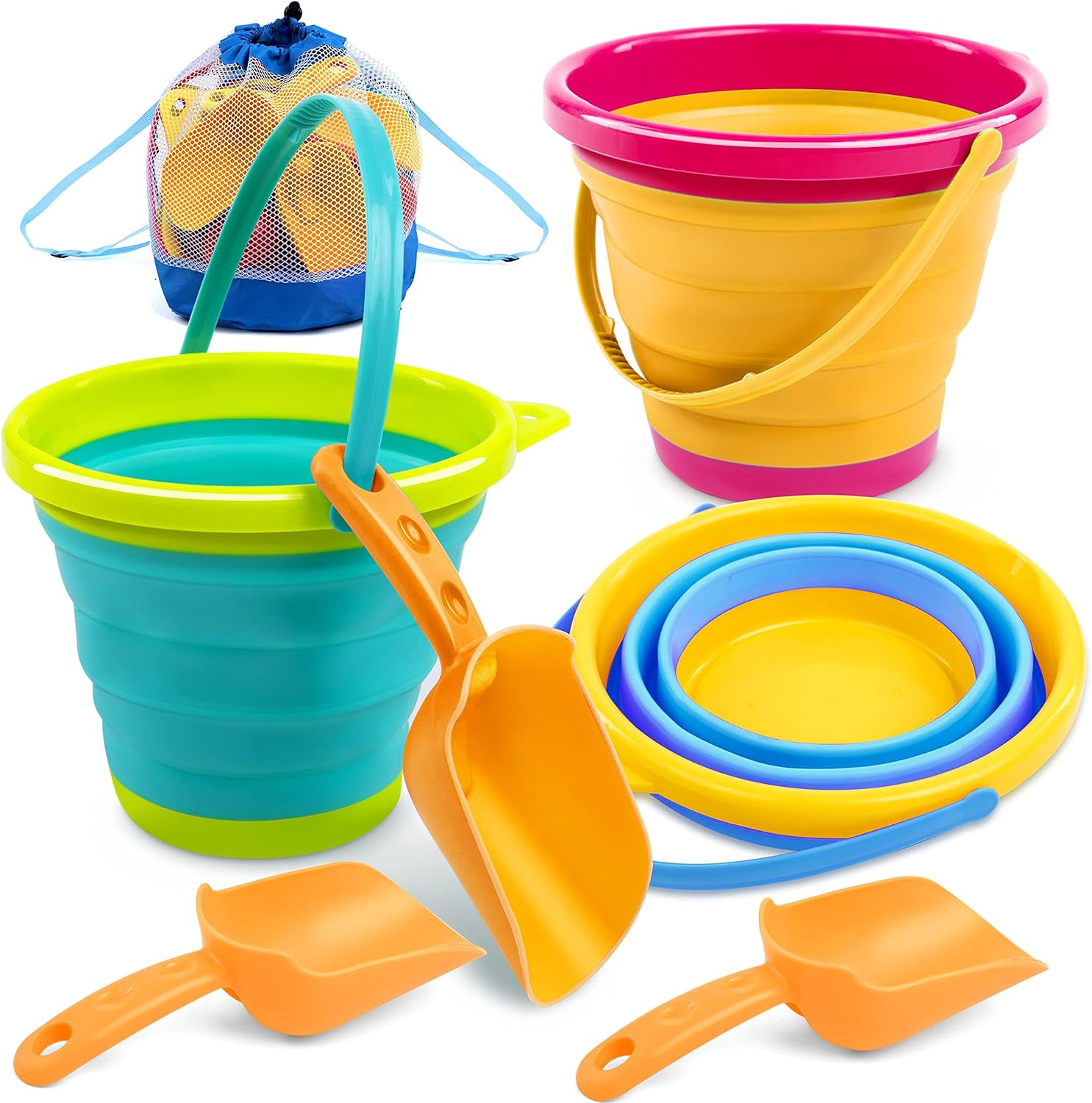 JOYIN 3 Packs Foldable Pail Bucket with Shovels & Mesh Bag, Collapsible Buckets