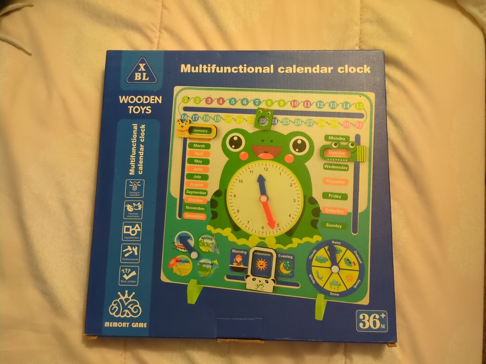 Multi-Functional Wooden Calendar Clock W/Sliders for Kids 3+ Yrs.