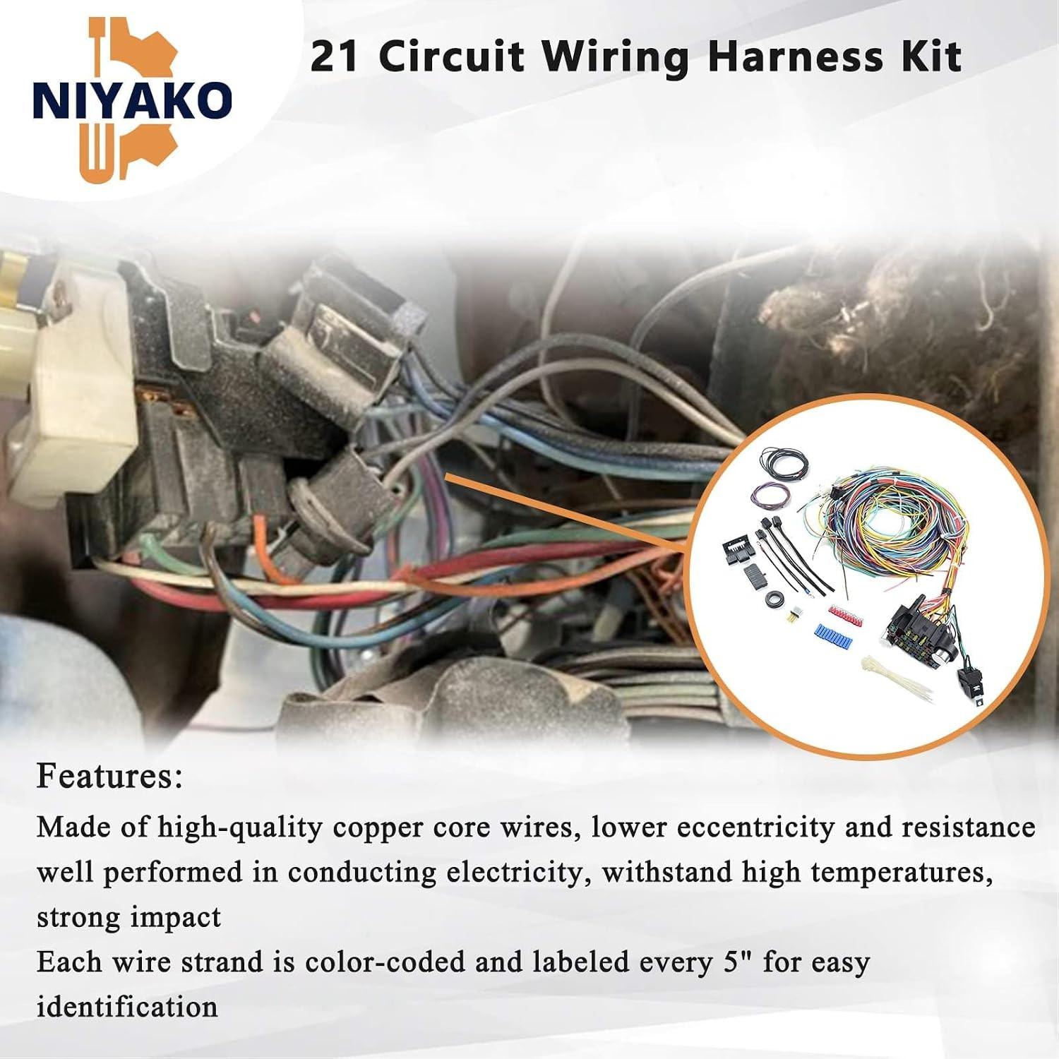 Universal 21 Circuit Wiring Harness Kit, Extra Long Wire Standard Color 17 Fuses